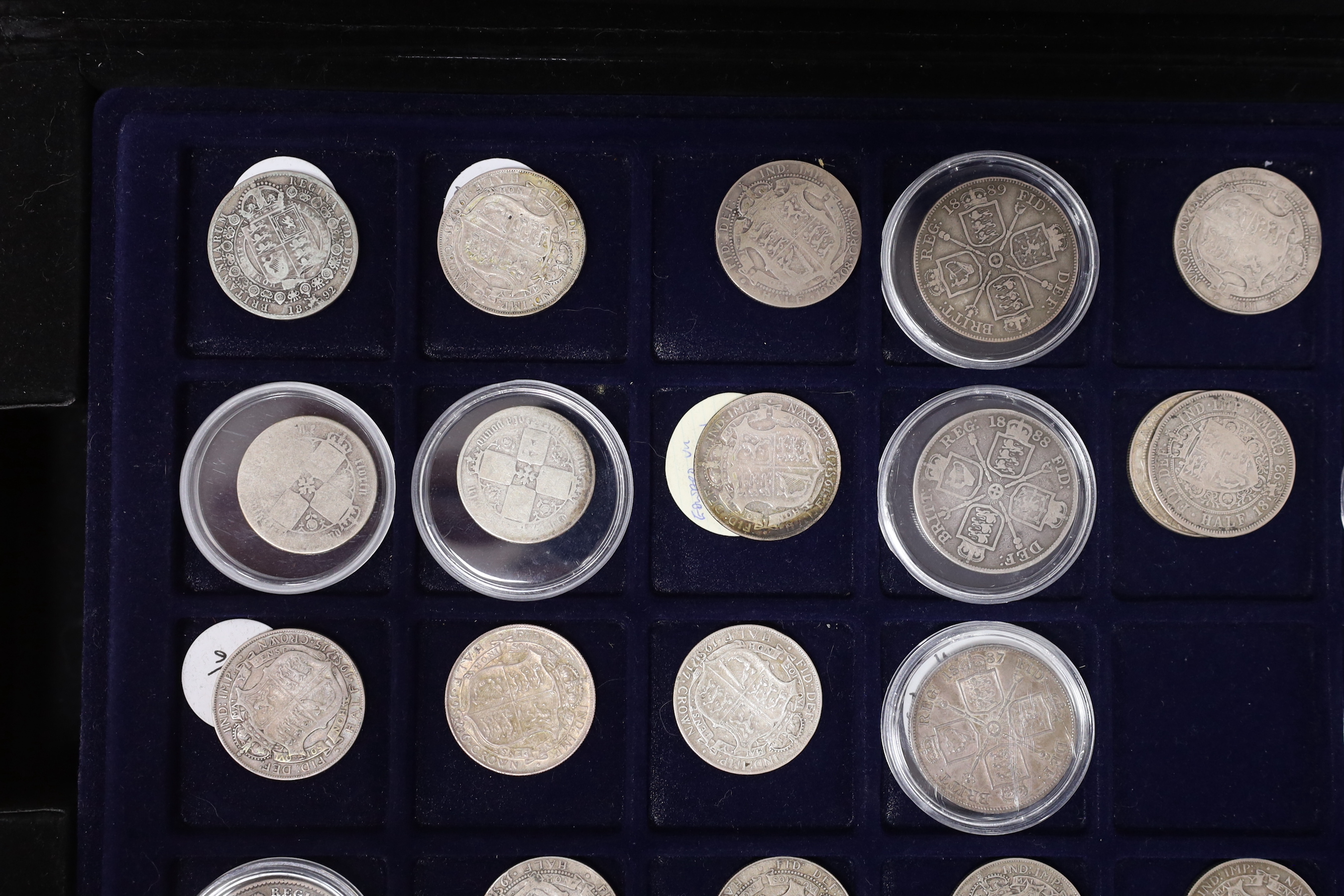 UK coins, a case of George III to George VI silver crowns, half crowns, florins, shillings, 6d, 3d, pennies etc